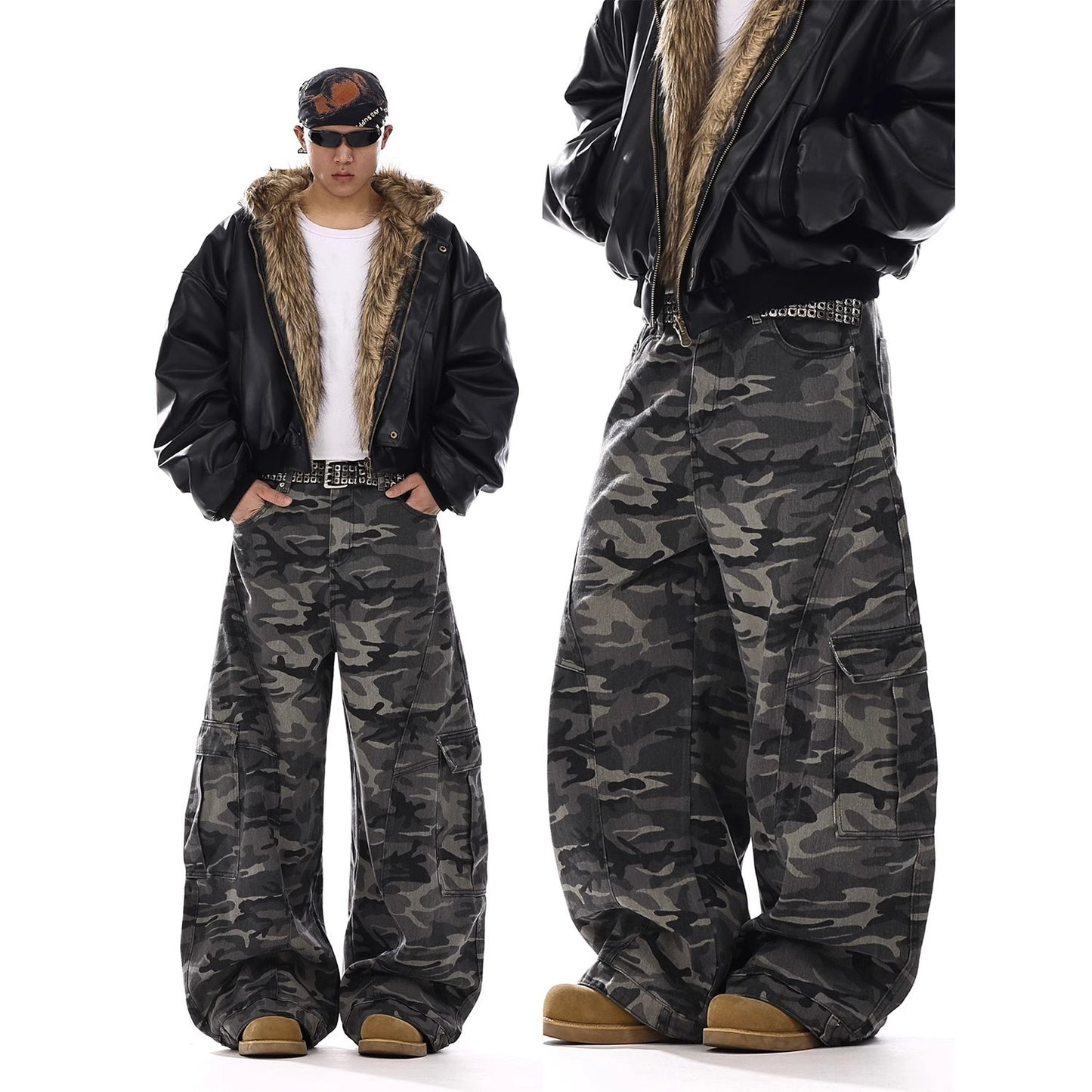 American-style Vintage Camouflage Machete-cut Jeans For Men
