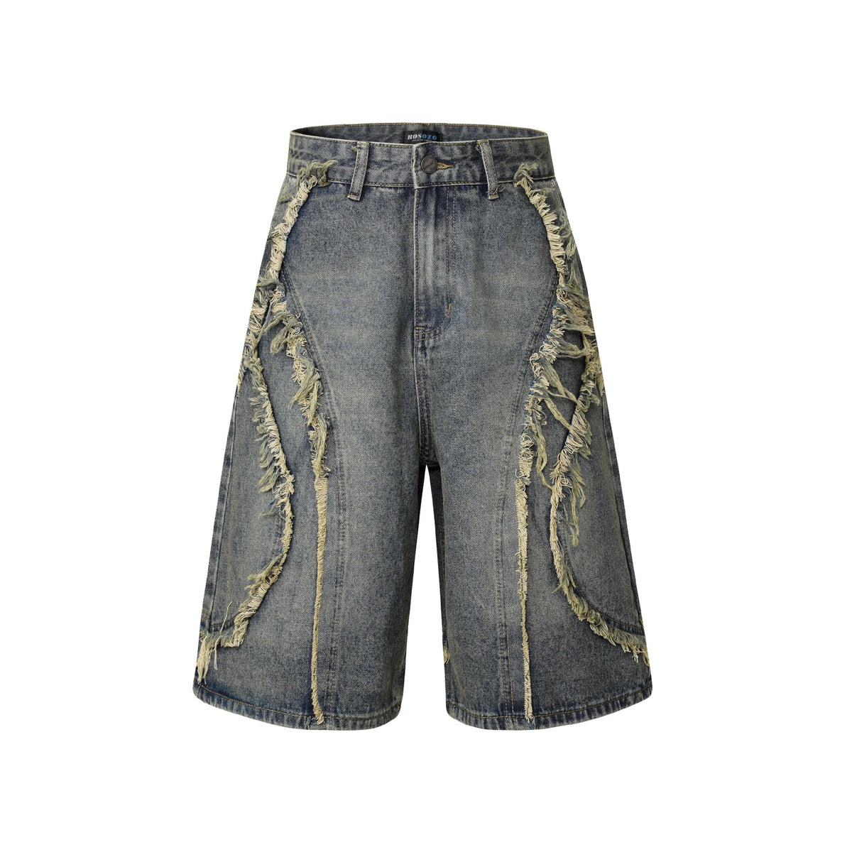 Washed Distressed Patchwork Cat Whisker Denim Shorts Unisex Loose Wide Leg Five-Point Pants