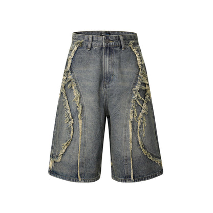 Washed Distressed Patchwork Cat Whisker Denim Shorts Unisex Loose Wide Leg Five-Point Pants