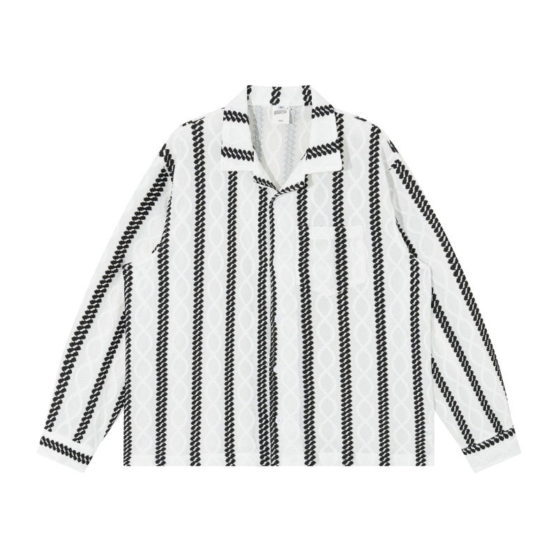 Rich Striped Collar Loose Fit Long Sleeve Shirt White