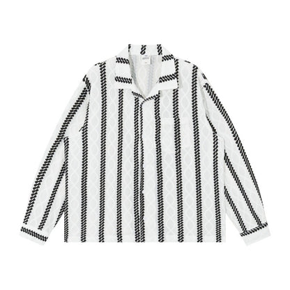 Rich Striped Collar Loose Fit Long Sleeve Shirt White