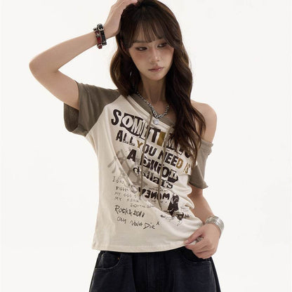 Female American Retro Spicy Girl Letter Slanted Shoulder Short Sleeved T Shirt MuddyStock