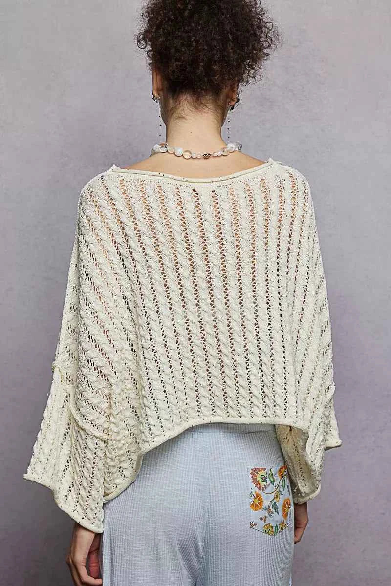 Cable-Knit Openwork Round Neck Cropped Sweater For Women Trendsi