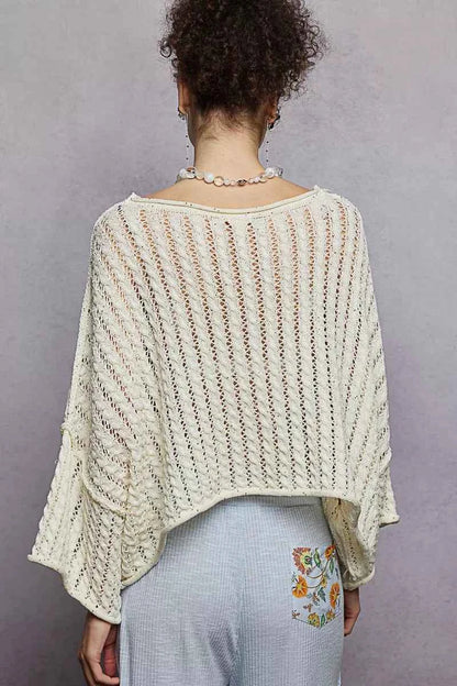 Cable-Knit Openwork Round Neck Cropped Sweater For Women Trendsi