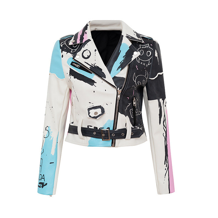 Graffiti Print Rivet Motorcycle Leather Jacket For Women White