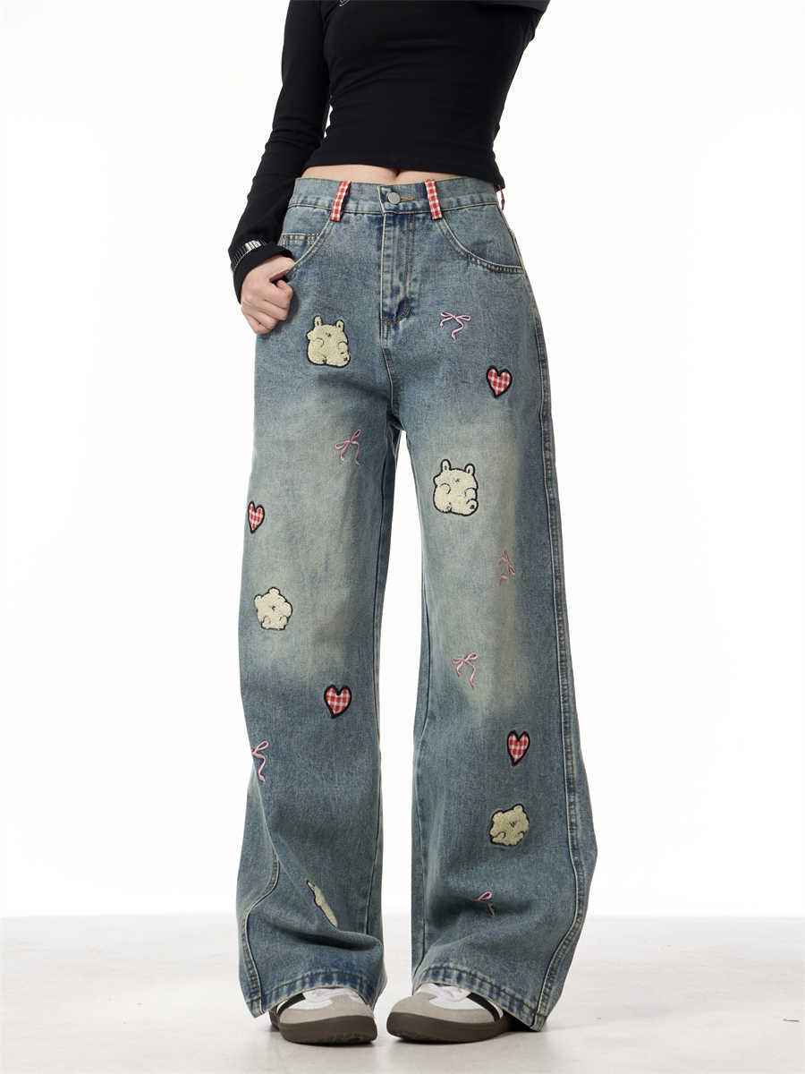 Lamb Embroidery Retro Straight-leg Pants For Women MuddyStock