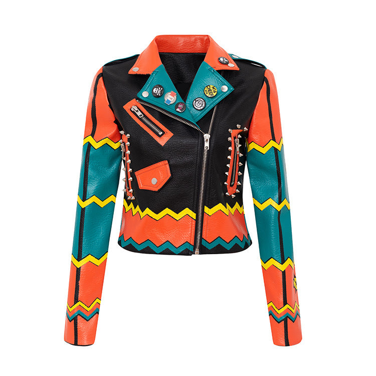 Graffiti Print Motorcycle Leather Jacket For Women Black