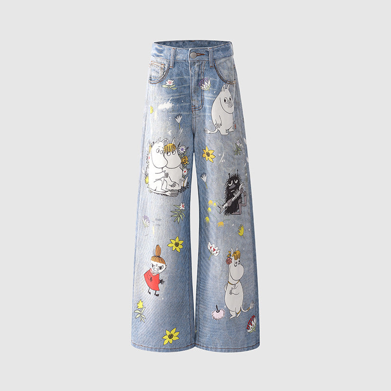 Women's Cartoon Wide-Leg Loose Straight Jeans | MuddyStock Originals Printed MuddyStock