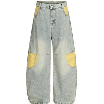 Men's Retro Plaid Patchwork Bootcut Jeans All Products