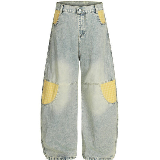 Mens Retro Plaid Patchwork Bootcut Jeans