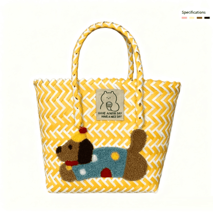 Large capacity sausage dog hand woven cabbage basket bag Handheld - Yellow and White Polka Dot Puppy