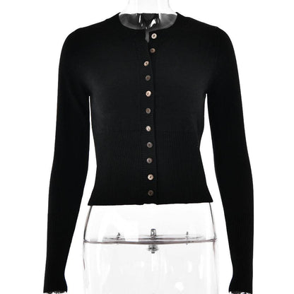 Women's Knitted Long Sleeve Slim Round Neck Top Black MuddyStock