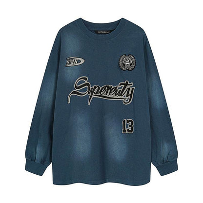 Washed patchwork embroidered sportswear round neck sweatshirt For Women | MuddyStock Originals Blue MuddyStock