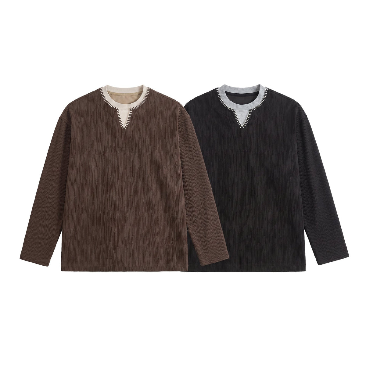 Loose Textured Mock Two-Piece Long Sleeve T-Shirt For Men | MuddyStock Originals