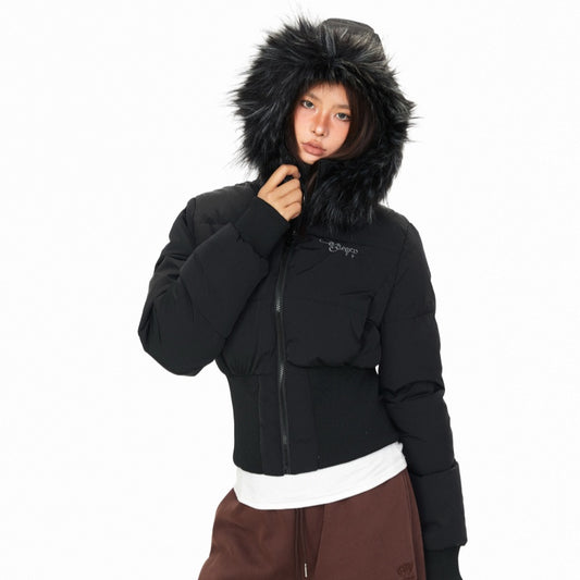 Printed Fur-collar Hooded Jacket For Women Black