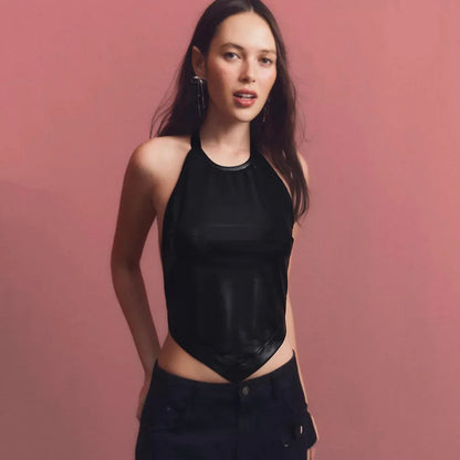 Bare back hanging neck PU leather strapless top | MuddyStock Originals Black eprolo