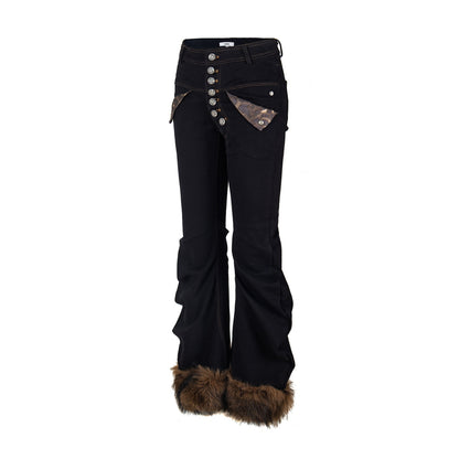 Bent blade pleated splicing slim fit flared jeans for women | MuddyStock Originals