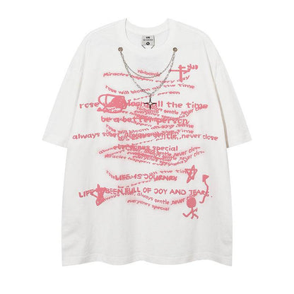 Letter Necklace Short Sleeve T-shirt For Men And Women White MuddyStock