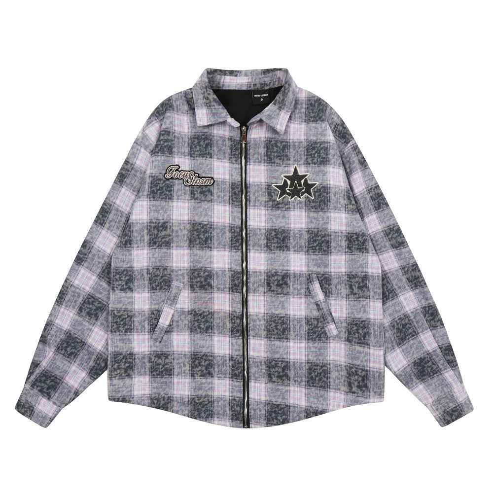 Washed And Worn Plaid Jacket Shirt For Men and Women null