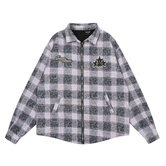 Washed And Worn Plaid Jacket Shirt For Men and Women null
