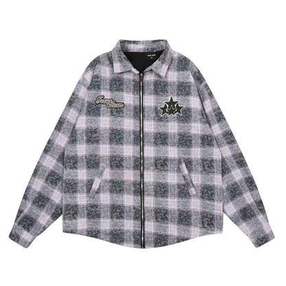 Washed And Worn Plaid Jacket Shirt For Men and Women Purple null