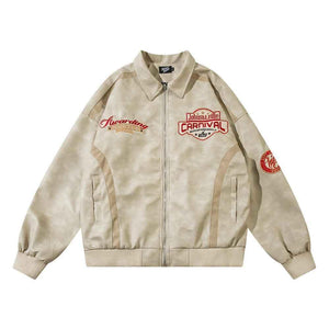 European And American Letters Affixed Cloth Embroidered Loose Jacket For Men And Women Apricot