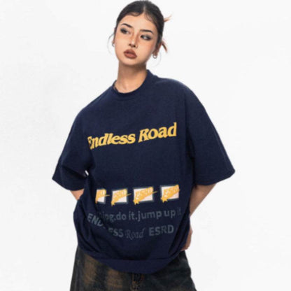 Women's Printed Cotton Short-sleeved T-shirt Purplish Blue MuddyStock