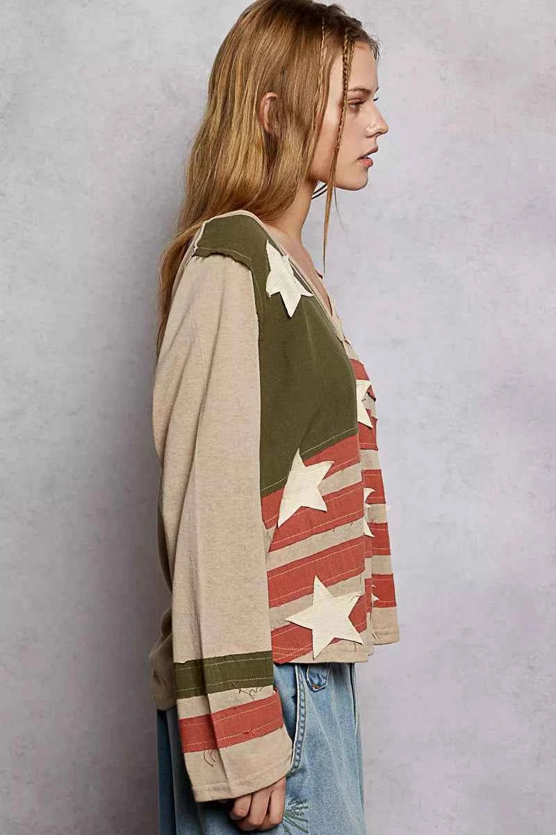 Double Gauze American Flag Patch V-Neck Long Sleeve T-Shirt For Women Trendsi