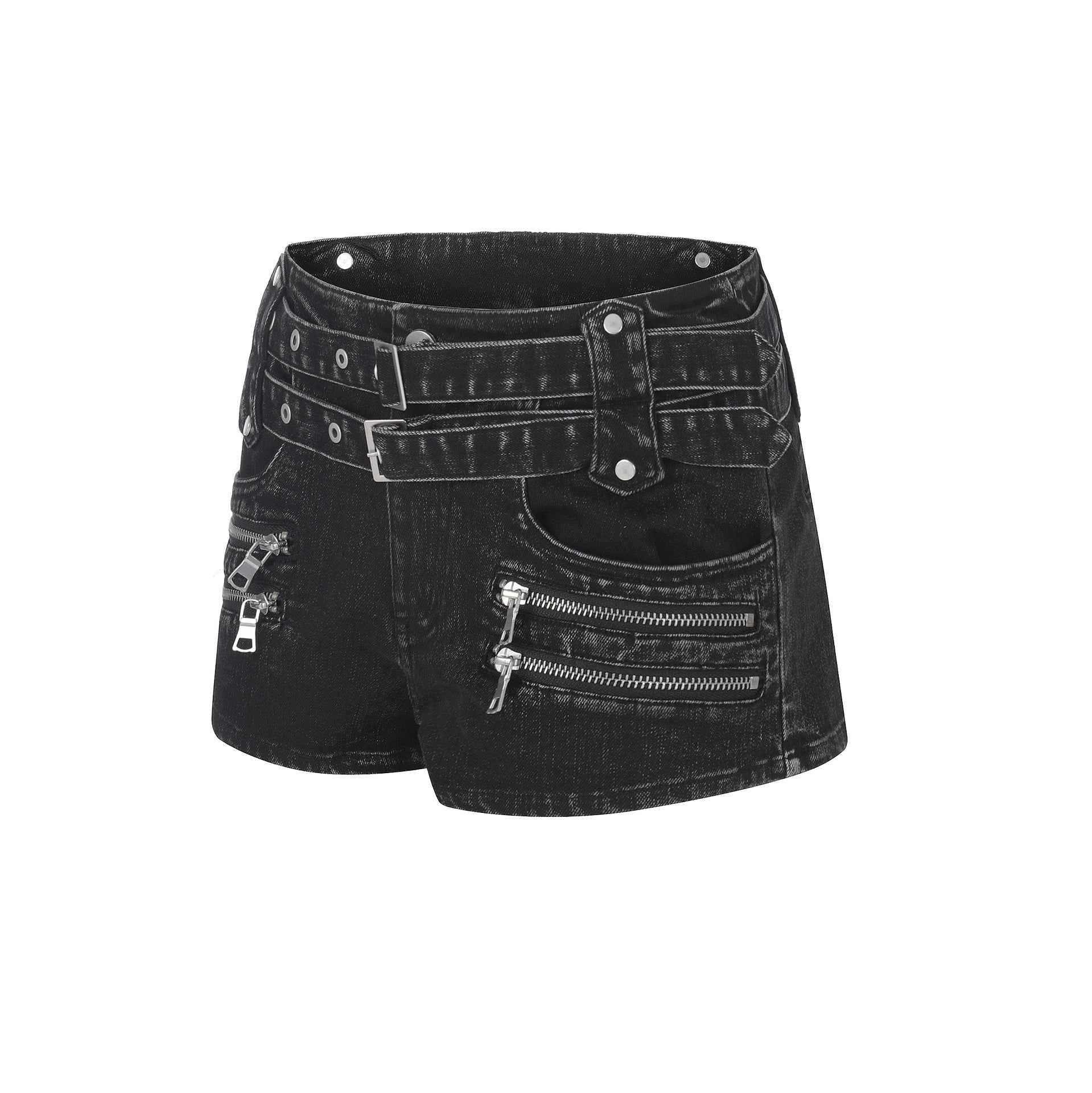 Double Belt Zipper Design Low Waist Denim Shorts For Women | MuddyStock Originals