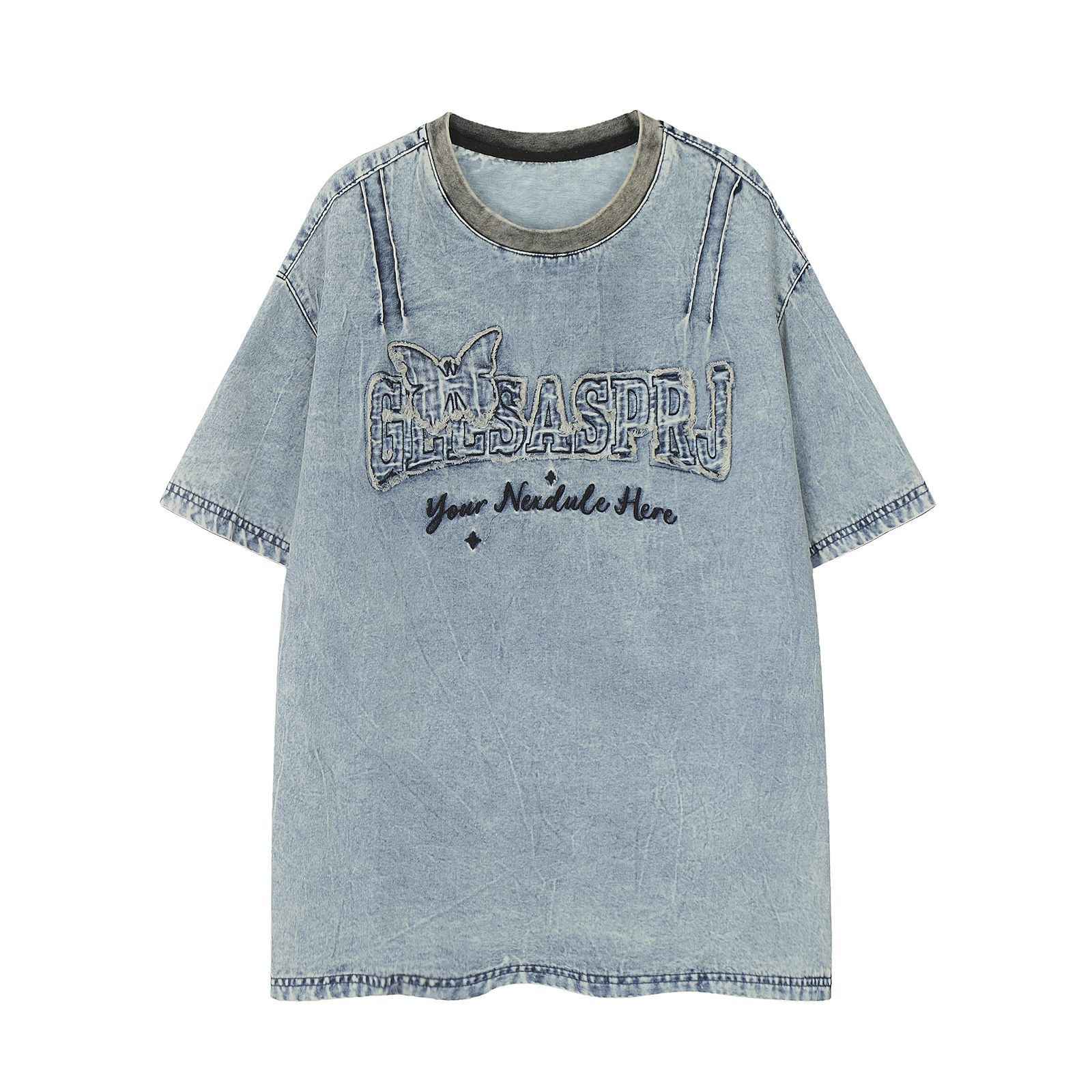 Retro Butterfly Letter Patch Embroidery Denim Short Sleeve T-Shirt For Men And Women | MuddyStock Originals MuddyStock