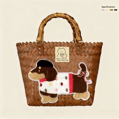 Large capacity sausage dog hand woven cabbage basket bag Bamboo Node - Vintage Brown Lady Dog