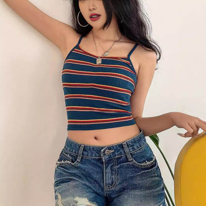 European And American Women's Clothing New Retro Contrast Color Striped Sling MuddyStock