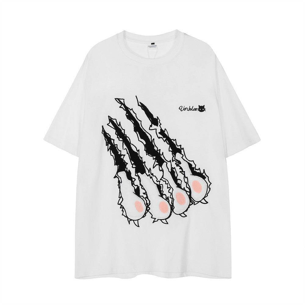 Cat Paw Scratch Flocking Embroidered Loose T-shirt For Men And Women White MuddyStock