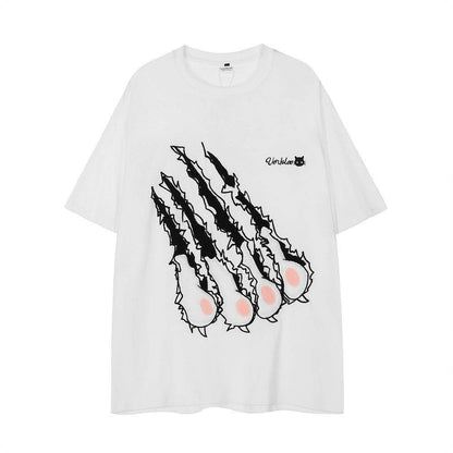 Cat Paw Scratch Flocking Embroidered Loose T-shirt For Men And Women White MuddyStock