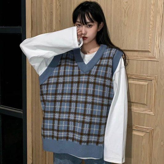 Plaid Knitted Loose V-Neck Sweater For Women MuddyStock