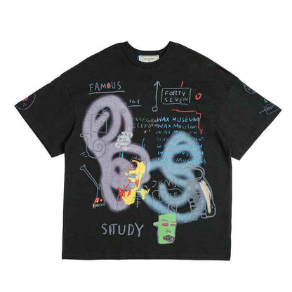 Cartoon Hand Drawn Doodle Print Short Sleeve For Men Black