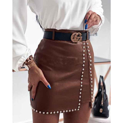 Rivets PU Leather Skirts For Women Brown All Products