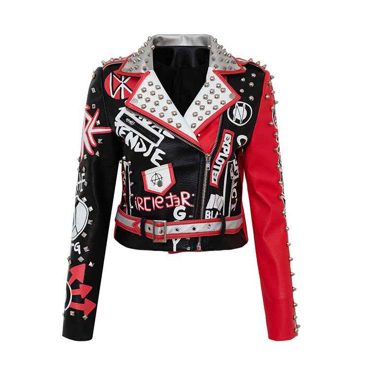Graffiti Print Contrast Color Motorcycle Leather Jacket For Women