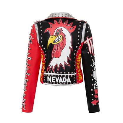 Graffiti Print Contrast Color Motorcycle Leather Jacket For Women