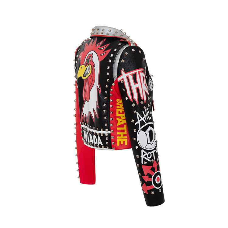 Graffiti Print Contrast Color Motorcycle Leather Jacket For Women