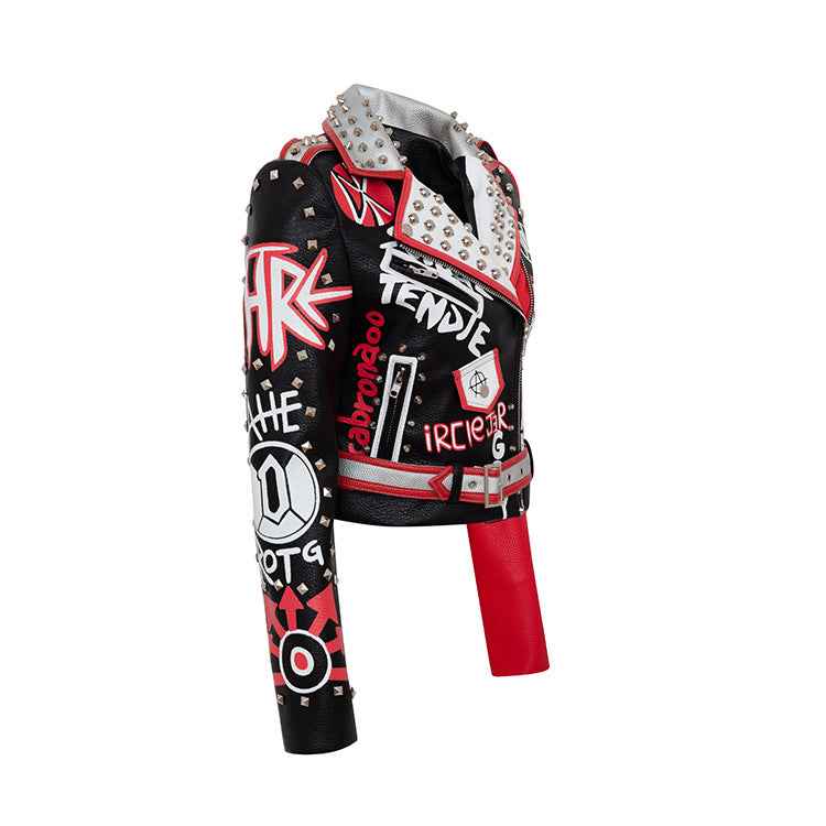 Graffiti Print Contrast Color Motorcycle Leather Jacket For Women