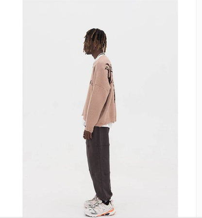 Camel round neck ruined long-sleeved sweater for men MuddyStock