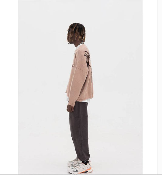 Camel round neck ruined long-sleeved sweater for men MuddyStock
