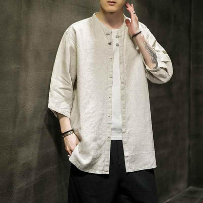 Spring And Summer Linen Quarter Sleeve Shirt Men's Antique Xianqi Large Tang Hanfu Cotton Linen Shirt Coat MuddyStock