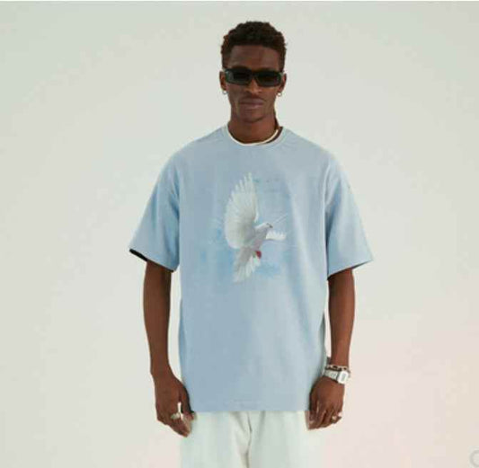 Light Blue Star Light White Pigeon Print T-Shirt For Men MuddyStock