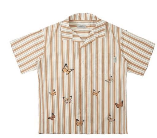 Apricot Striped Butterfly Print Short Sleeve Shirt For Men null