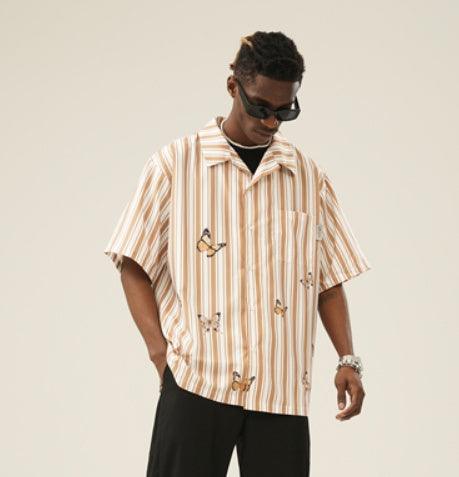 Apricot Striped Butterfly Print Short Sleeve Shirt For Men Apricot null