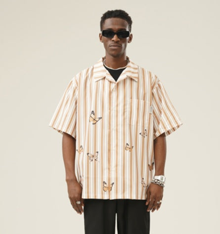 Apricot Striped Butterfly Print Short Sleeve Shirt For Men MuddyStock null