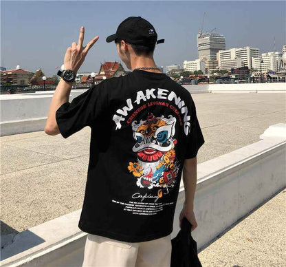Short Sleeve T-shirt Men''s Fashion Student Loose Harajuku Style Medium Sleeve Black MuddyStock