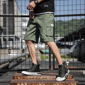 Summer Straight Five-Point Overalls With Drawstring Multi-Pocket Army Green
